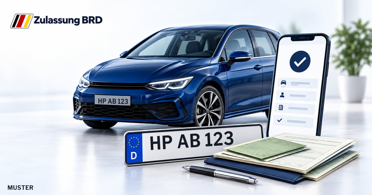Online Fahrzeugzulassung in Birkenau: Musterkennzeichen HP AB 123, Auto und Fahrzeugpapiere und Smartphone. Illustration mit Logo von Zulassung BRD.